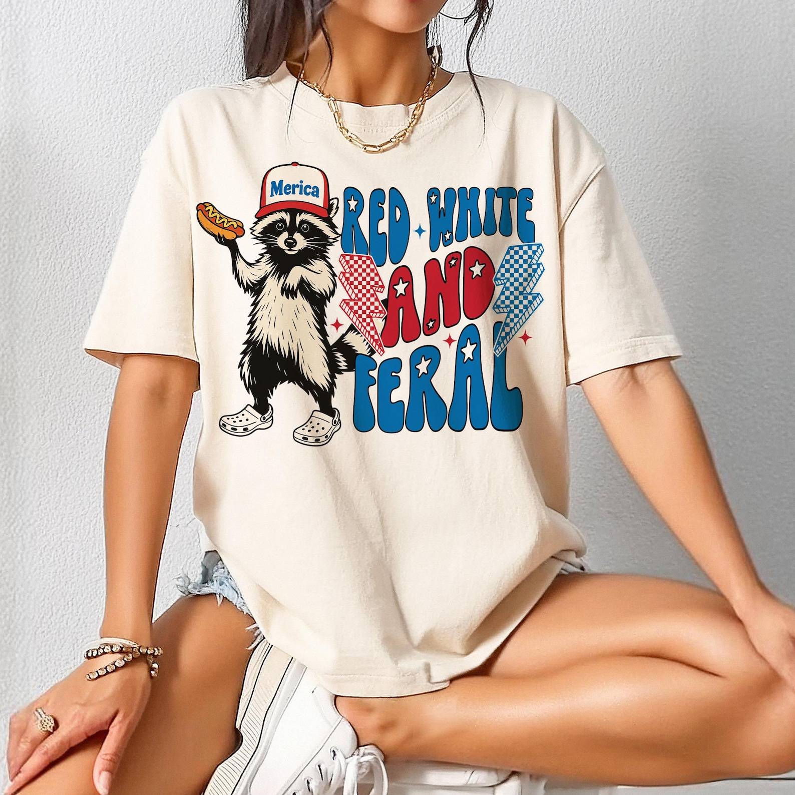 Red White And Feral Funny Raccoon T-shirt