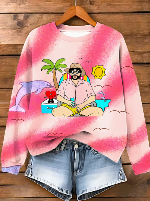 Bad Bunny Dtmf Puerto Rico Color-Block Printed Long Sleeve Casual Top