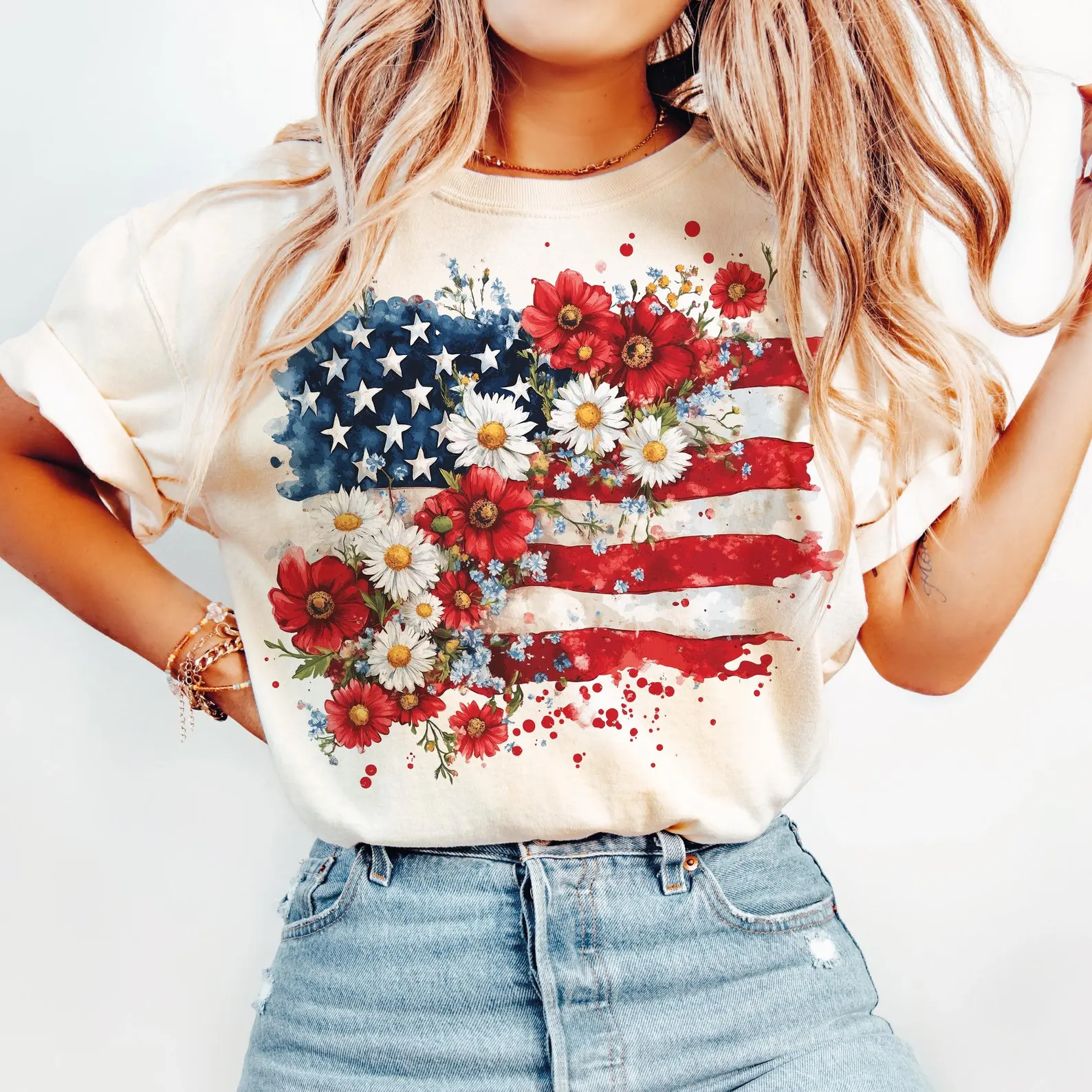 Floral American Flag Printed T-shirt