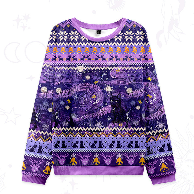 Purplehecate Mystic Cat Beneath the Cosmic Veil Ugly Christmas Sweatshirts
