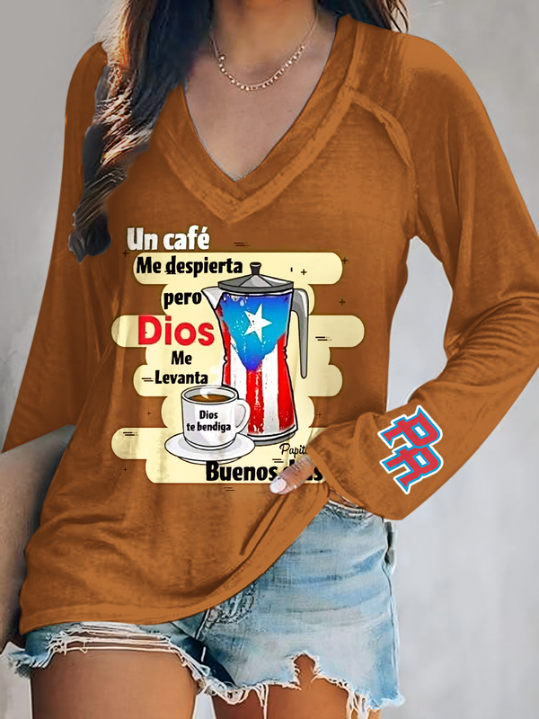 Puerto Rican Art Print V-Neck Long Sleeve Top（05）