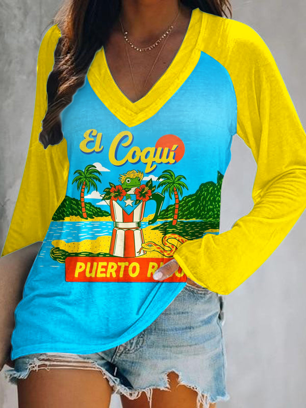 Vintage Puerto Rican Print V-Neck Long Sleeve Top