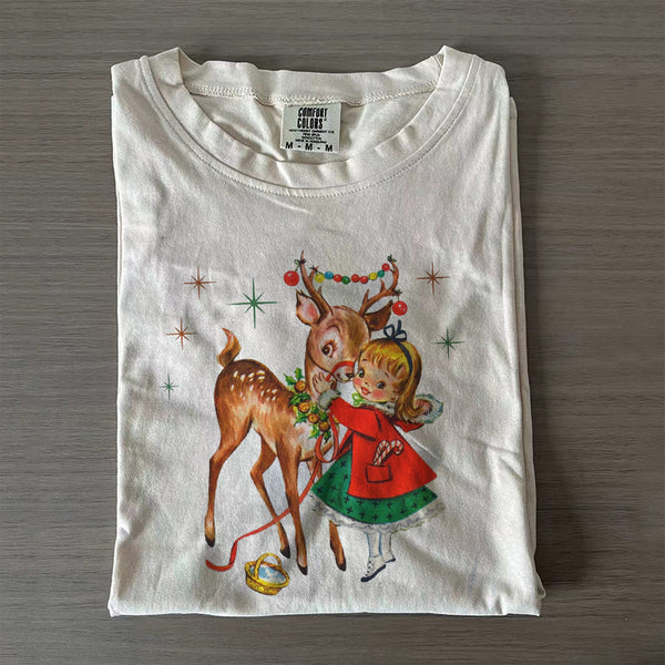 Retro Christmas Reindeer and Girl Comfort Colors T-Shirt