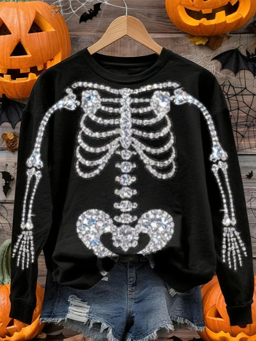 Women's Halloween Rhinestone Skull Print Long Sleeve Crew Neck Sweatshirt