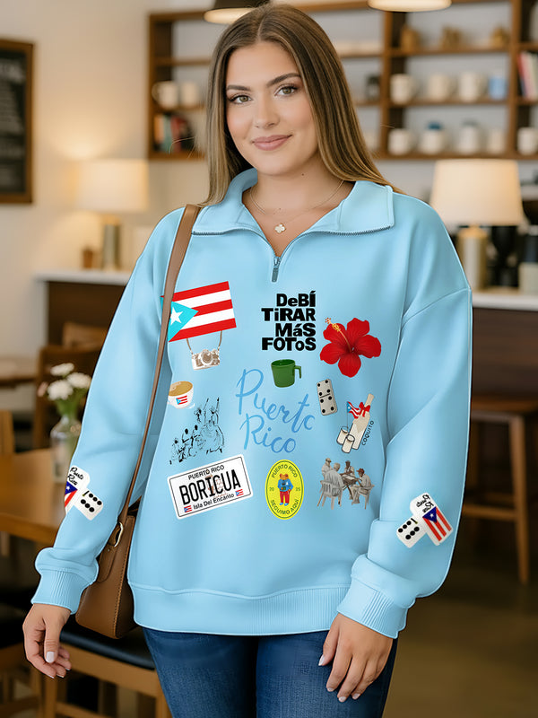 Puerto Rican Print Round Neck Washed Sweatshirt