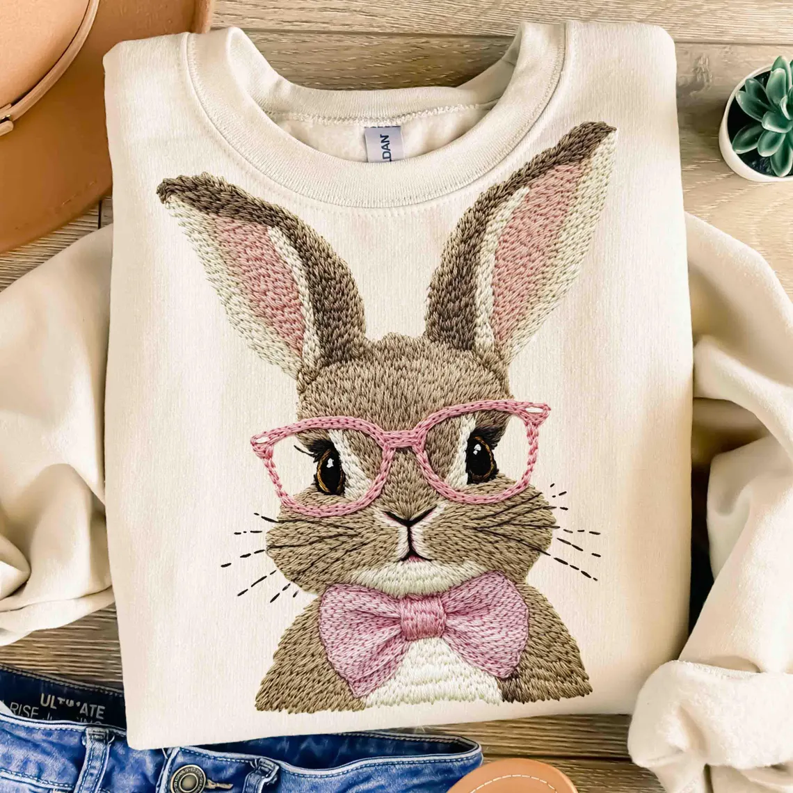 Retro Easter Bunny Faux Embroidery Sweatshirt