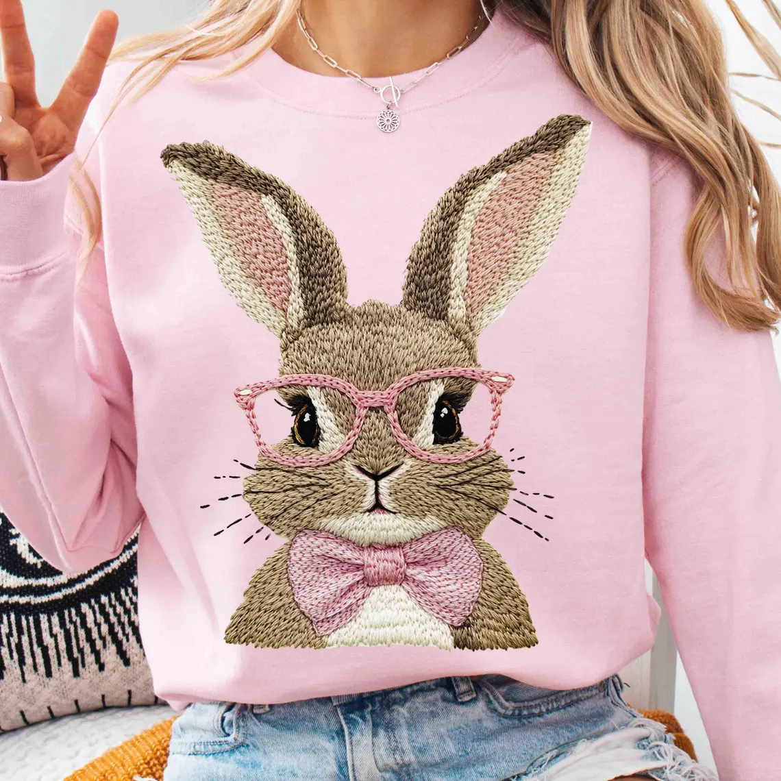 Retro Easter Bunny Faux Embroidery Sweatshirt