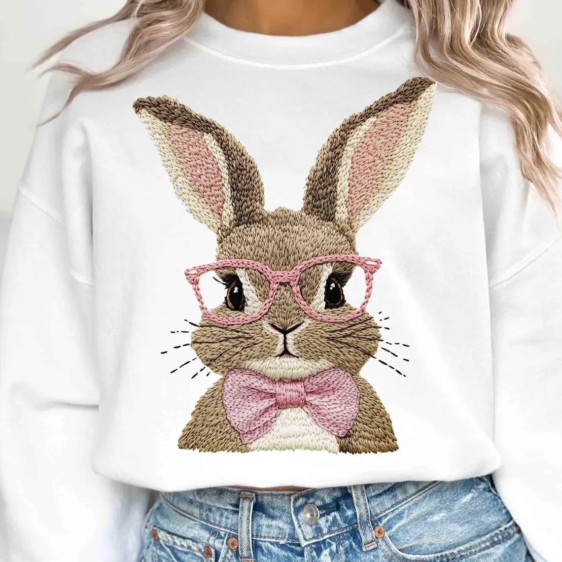 Retro Easter Bunny Faux Embroidery Sweatshirt