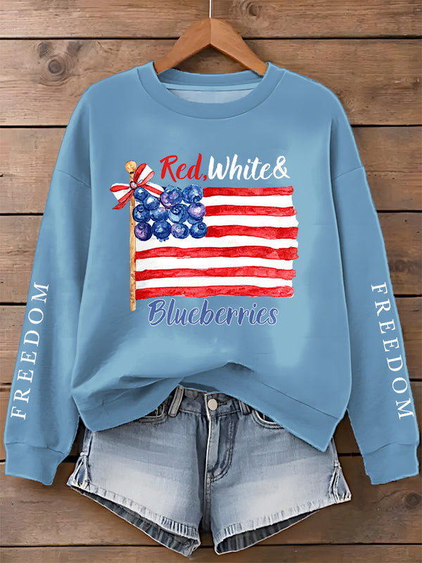 Red White & Blueberries Coquette Flag Printed Long Sleeve Casual Top