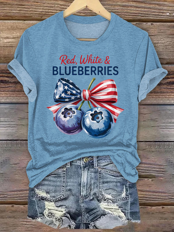 Red White & Blueberries Coquette Flag Print Crew Neck T-shirt