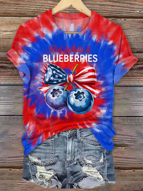Red White & Blueberries Coquette Flag Print Crew Neck T-shirt