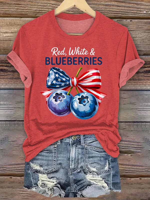 Red White & Blueberries Coquette Flag Print Crew Neck T-shirt