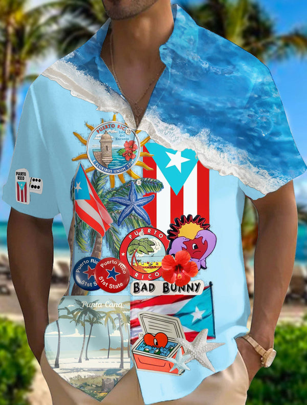 BadBunny Beach Print Short Sleeve Shirts