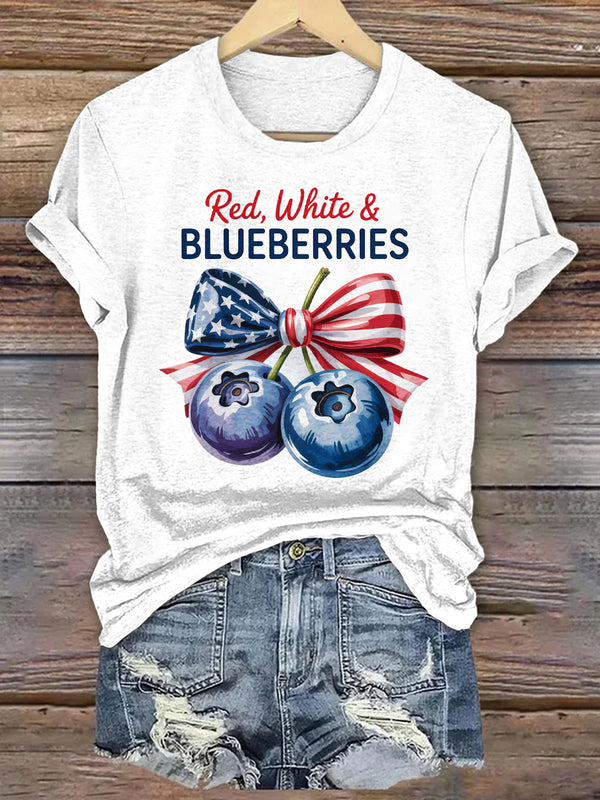 Red White & Blueberries Coquette Flag Print Crew Neck T-shirt