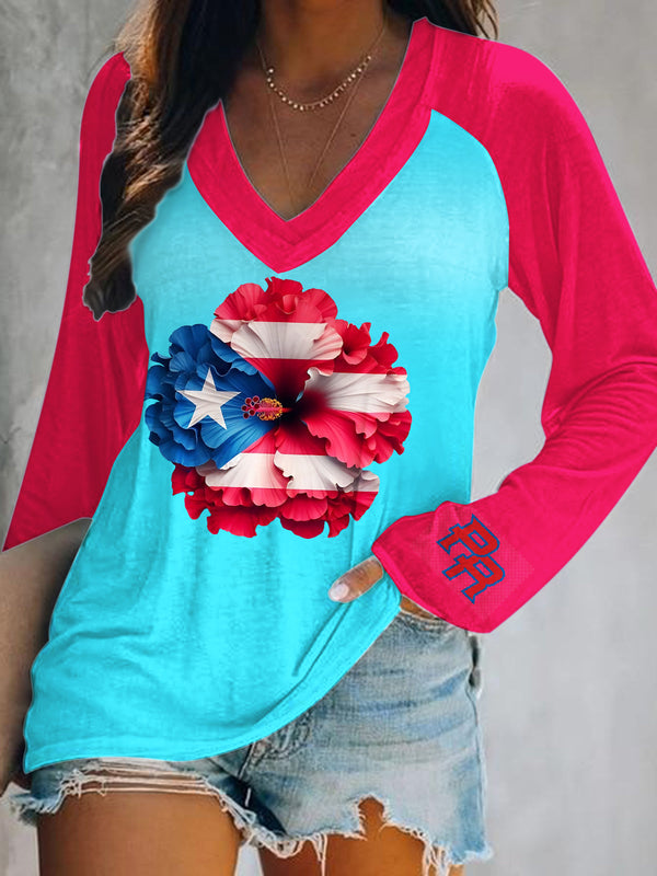Puerto Rican Art Print V-Neck Long Sleeve Top（01）