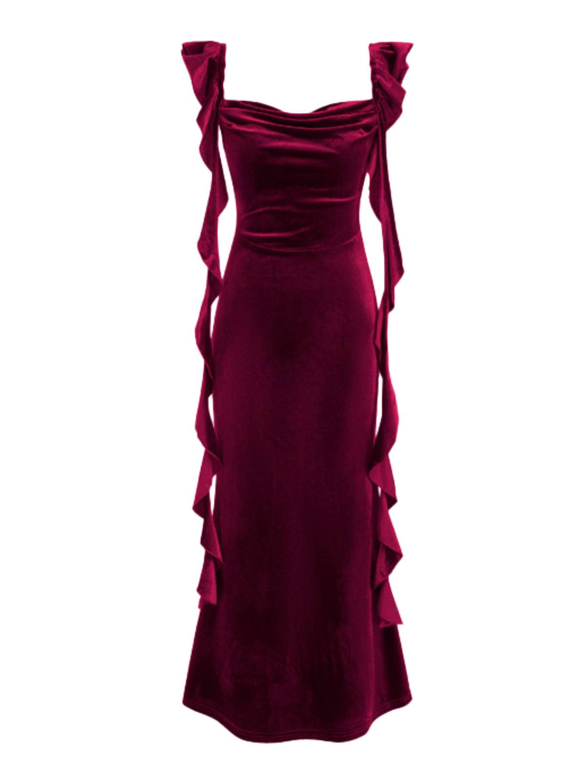 1940s Velvet Ribbon Strap Ruffled Detail Dress