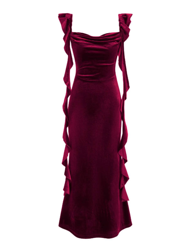 1940s Velvet Ribbon Strap Ruffled Detail Dress