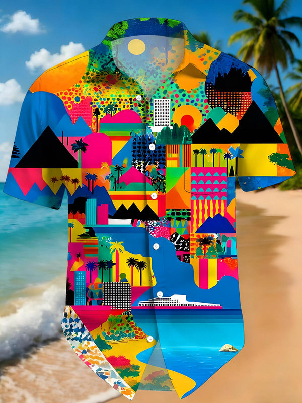 Hawaiian Colorful Geometric Landscape Illustration Men's Pocket Short Sleeve Shirts