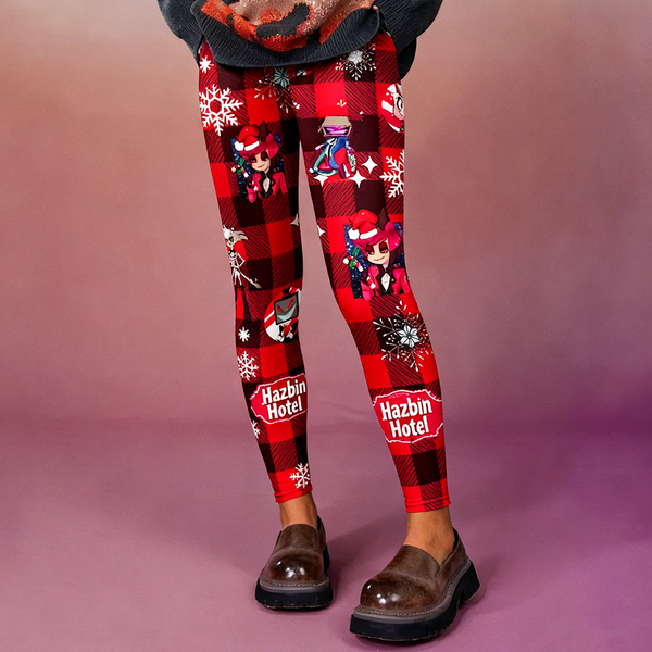 Retro Christmas Plaid Hazbin Hotel Print Leggings