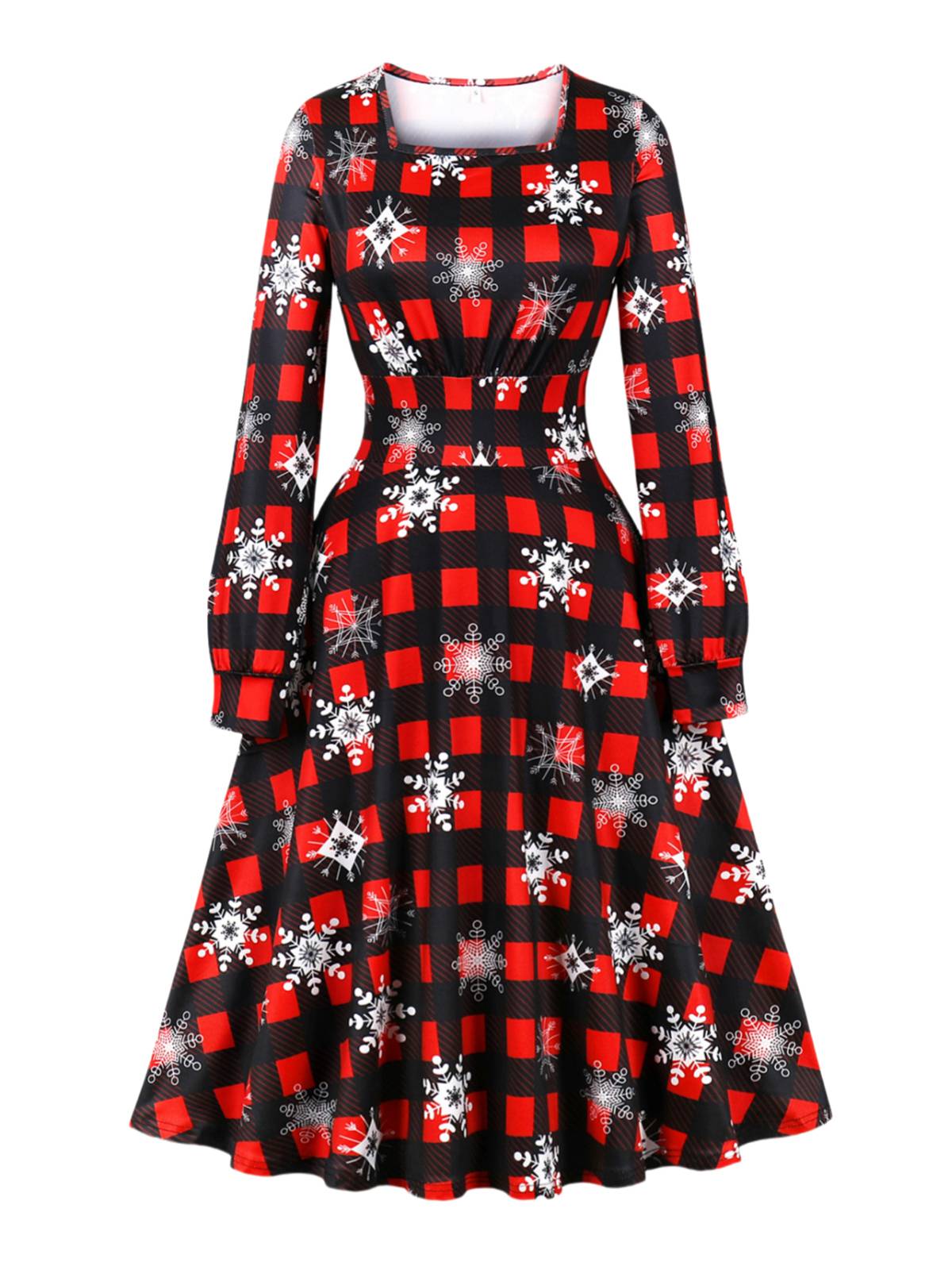 1950s Christmas Square Collar Long Sleeve Dress