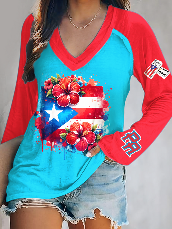 Puerto Rico Classic Flag Flower Print V-Neck Long Sleeve Top（01）
