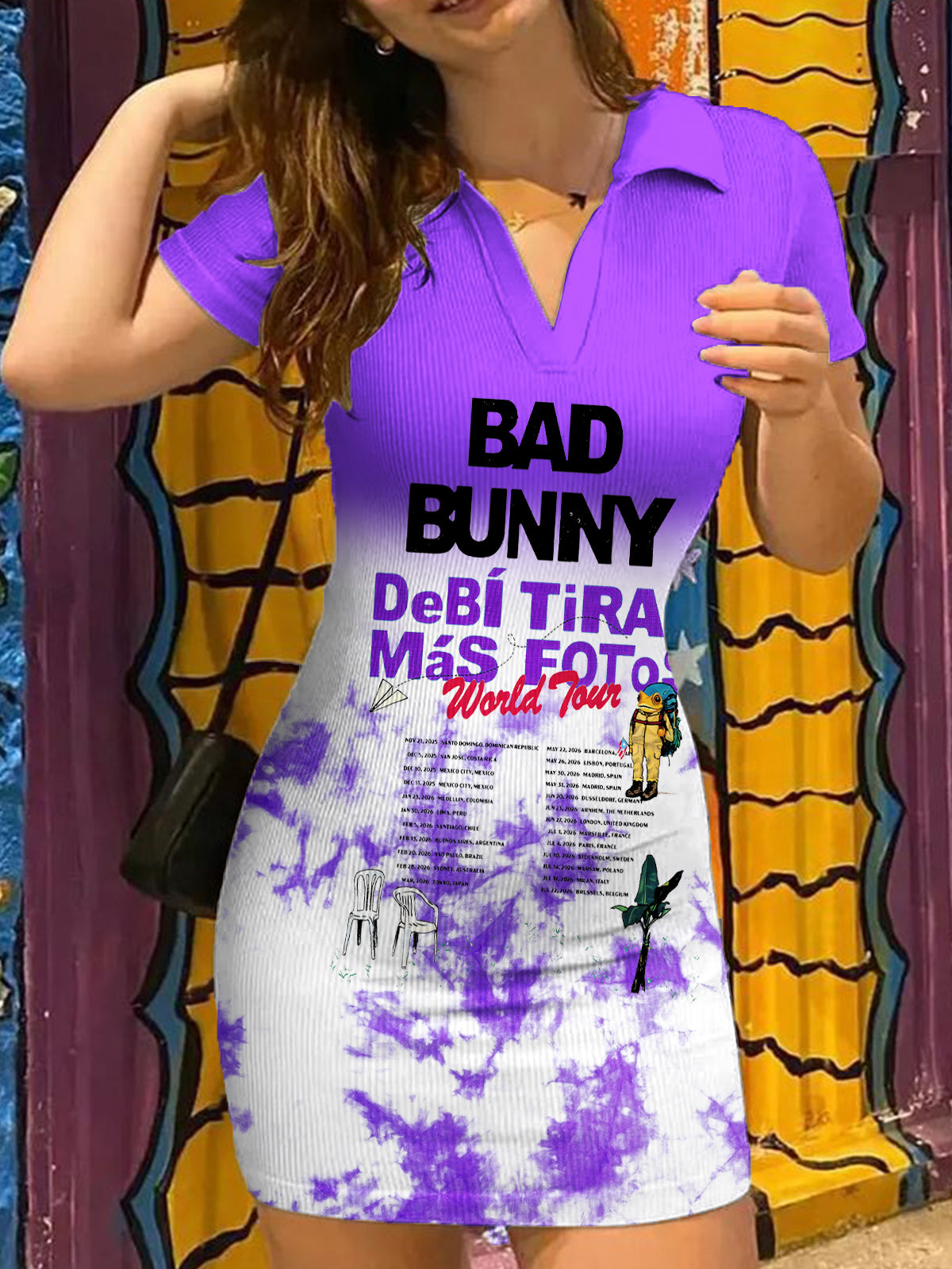 Bad Bunny Print High-Stretch Ribbed Bodycon Mini Purple Dress