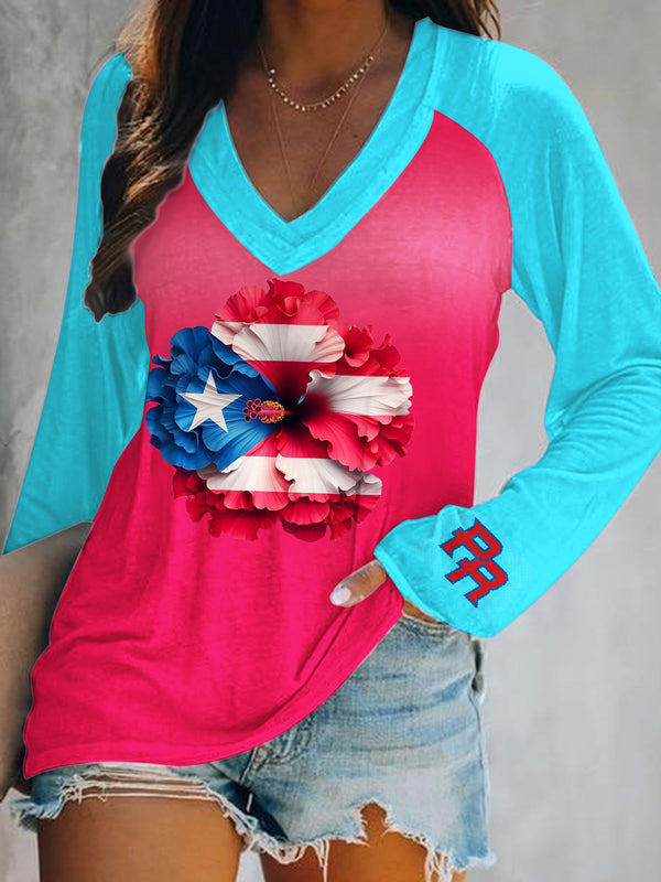 Puerto Rican Art Print V-Neck Long Sleeve Top（02）