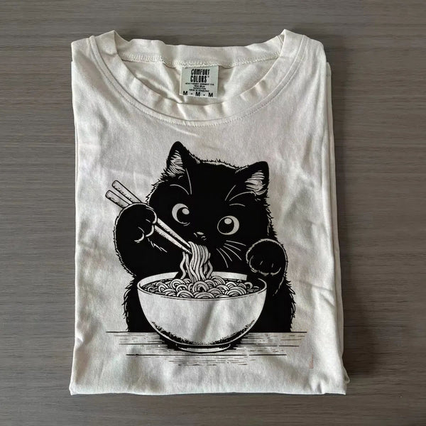 Cat Eating Noodles Crew Neck T-shirts