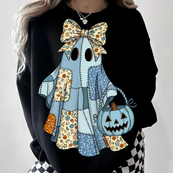 "Retro Halloween Blue Denim Ghost Long Sleeve