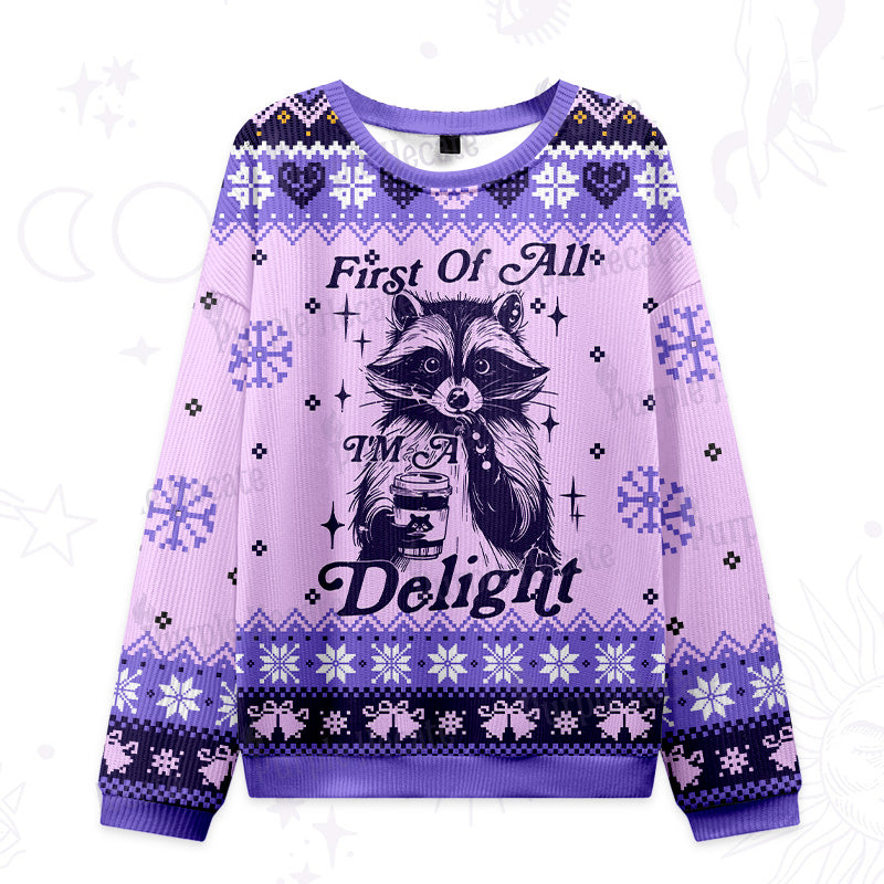 Purplehecate First Of All I'm A Delightful Funny Raccoon Ugly Christmas Sweatshirts
