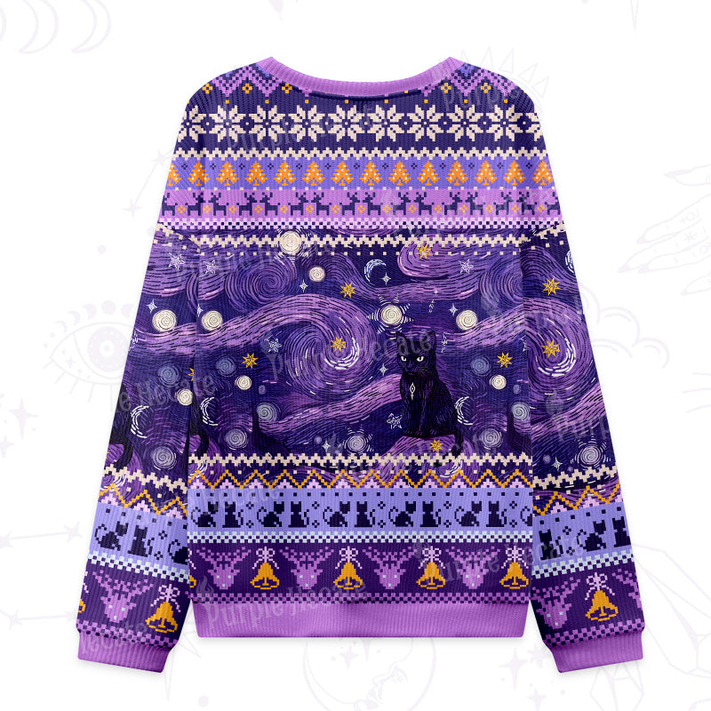 Purplehecate Mystic Cat Beneath the Cosmic Veil Ugly Christmas Sweatshirts