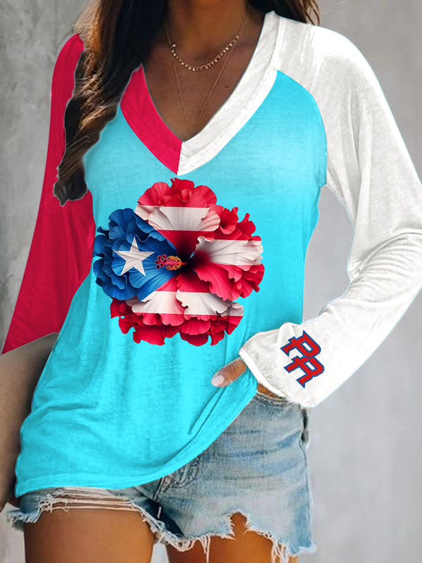 Puerto Rican Art Print V-Neck Long Sleeve Top（03）