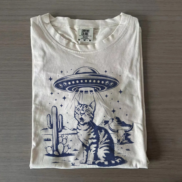 Vintage UFO Cowboy Cat Crew Neck T-shirts