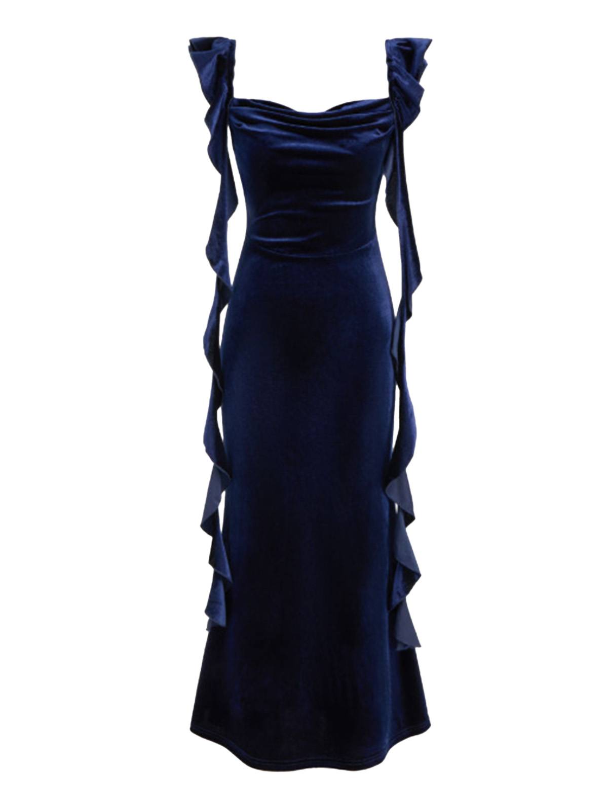 1940s Velvet Ribbon Strap Ruffled Detail Dress