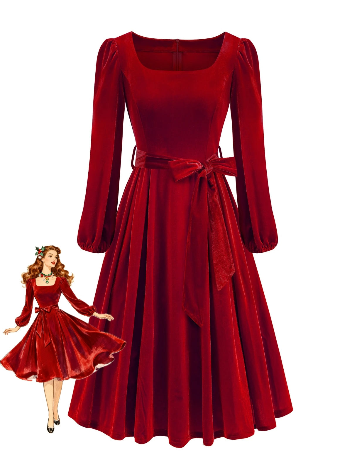 1950s Christmas Velvet Square Neck Long Sleeve Dress