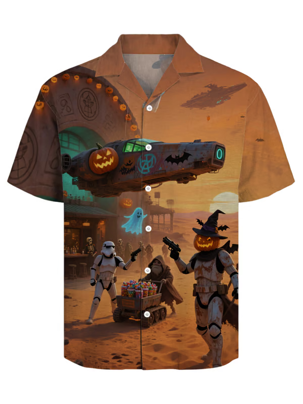 Men's Retro Casual Fashion Halloween Candy Desert Warrior Cuban Collar Short Sleeve Shirt
