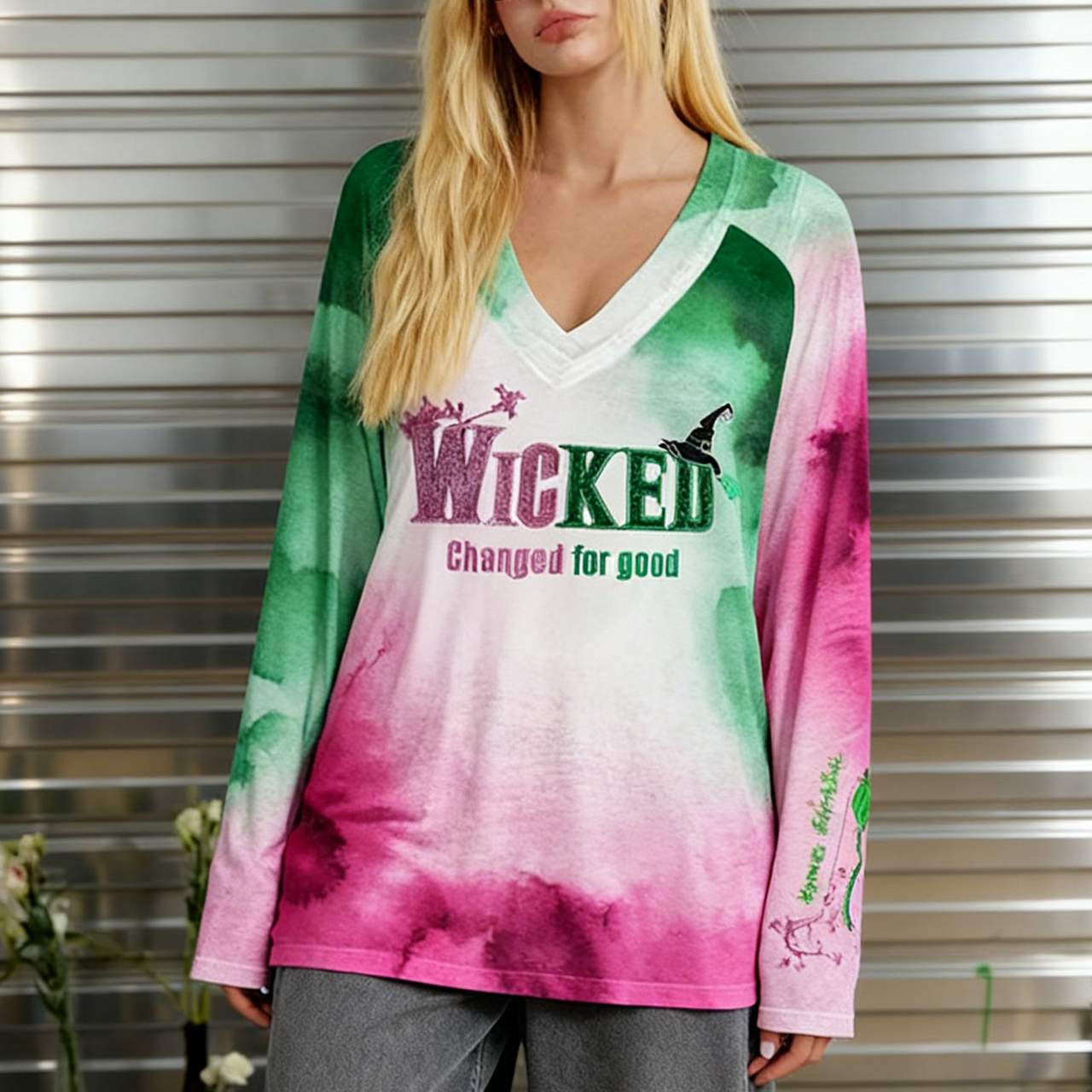 Wicked For Good Print V-Neck Long Sleeve Top