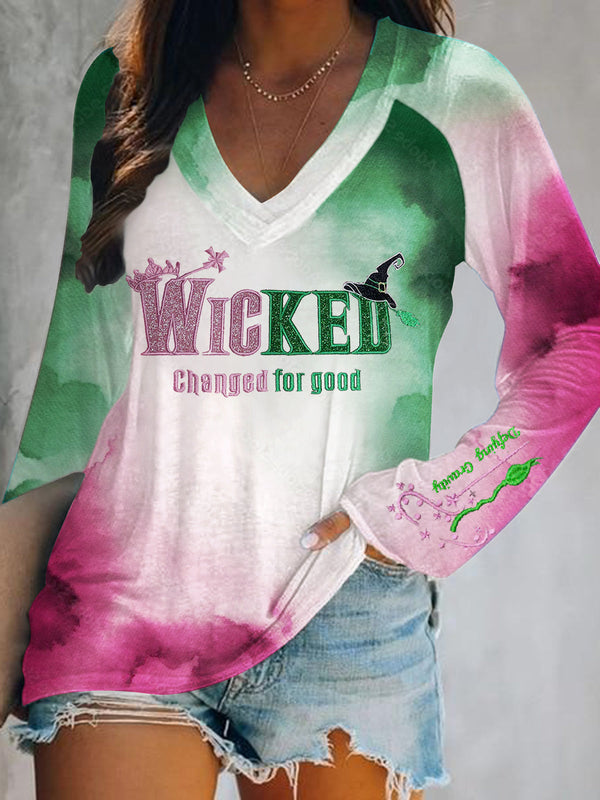Wicked For Good Print V-Neck Long Sleeve Top