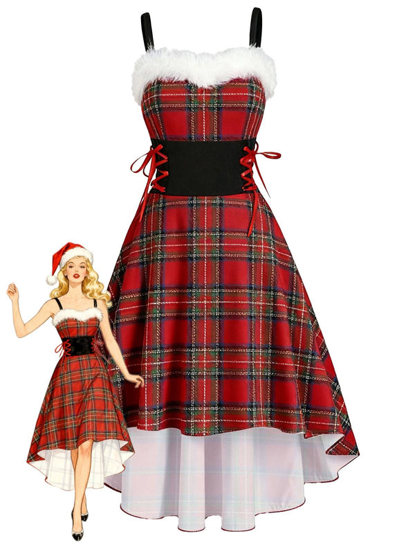 1950s Christmas Tartan Fur Trimmed High-Low Hem Dress