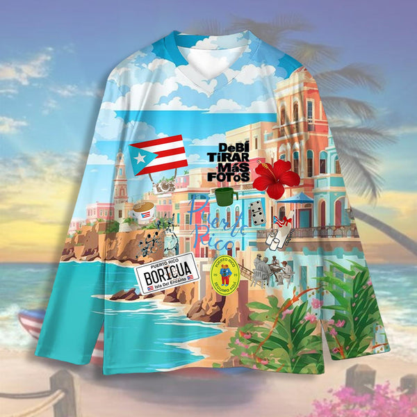 Puerto Rican Print V-Neck Long Sleeve Top