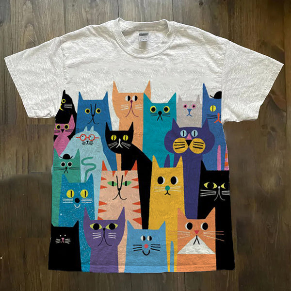 Cartoon Block Cat Crew Neck T-shirts