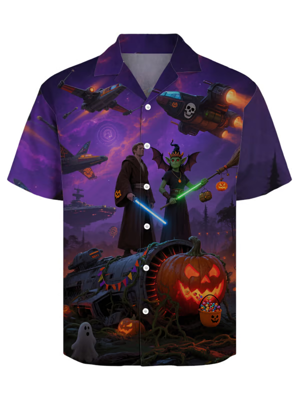 Men's Retro Casual Fashion Halloween Purple Space Warrior Cuban Collar Short Sleeve Shirt