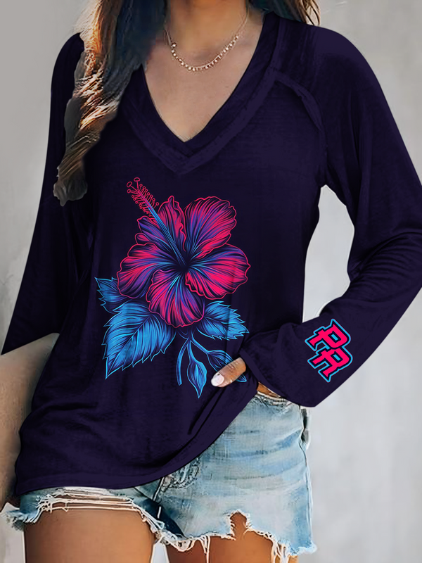 Puerto Rican Art Print V-Neck Long Sleeve Top（04）