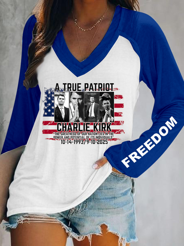 Charlie Kirk Print V-Neck Long Sleeve Top