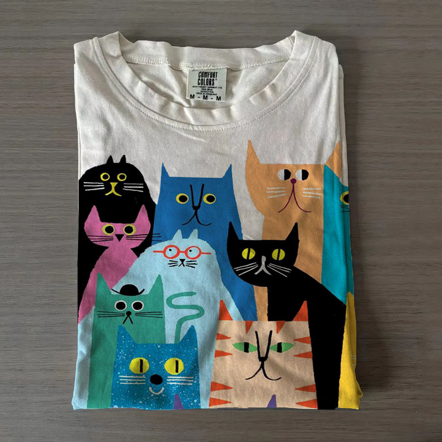 Cartoon Block Cat Crew Neck T-shirts