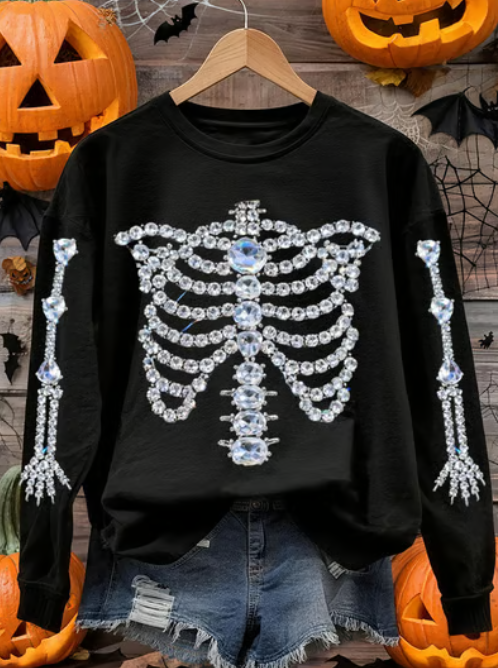 Women's Halloween Rhinestone Skull Print Long Sleeve Crew Neck Sweatshirt