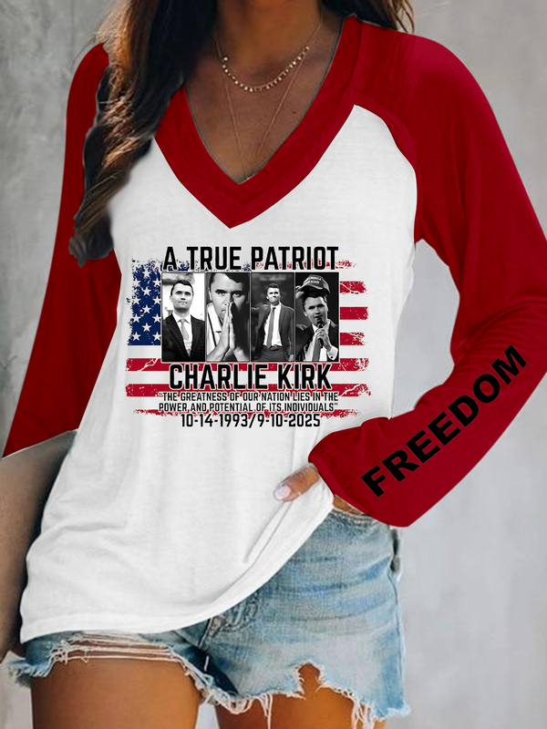 Charlie Kirk Print V-Neck Long Sleeve Top