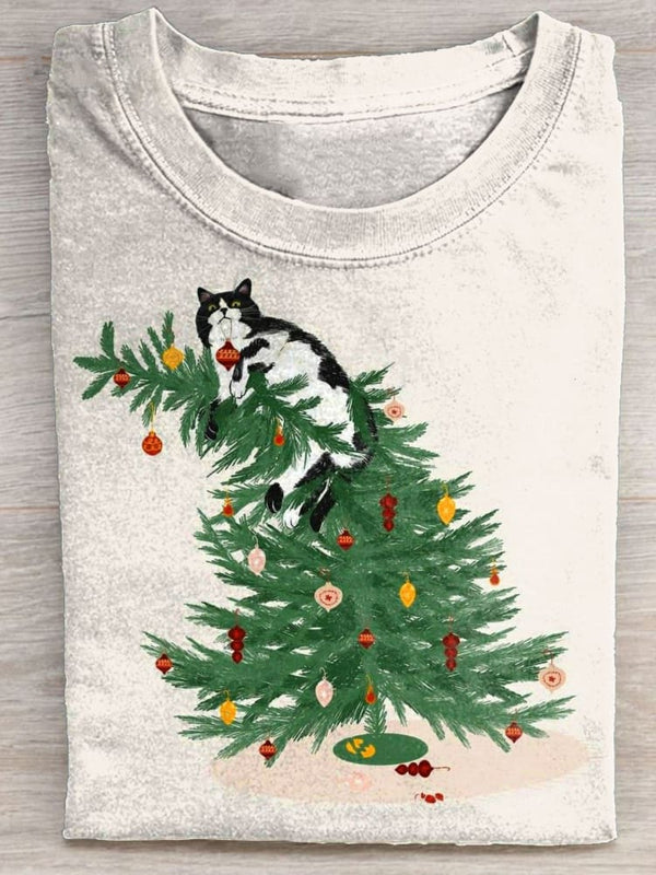 Christmas Cat Art Print Casaul Short Sleeve T-shirt