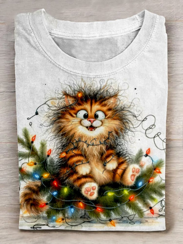 Christmas Cute Cat Art Print Casaul Short Sleeve T-shirt