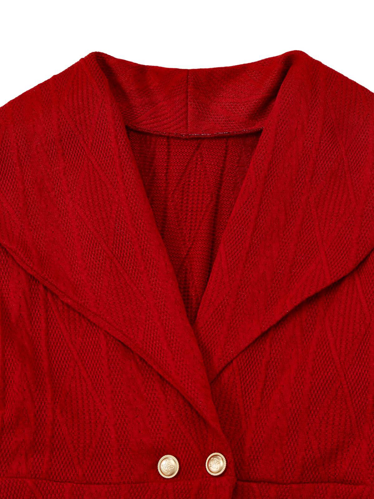 1940s Solid Knitted Big V-Neck Button Dress